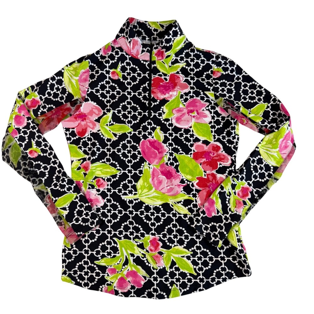 IBKUL Womens XS Floral Golf Tennis Quarter Zip Long Sleeve Mesh Shirt Black Pink